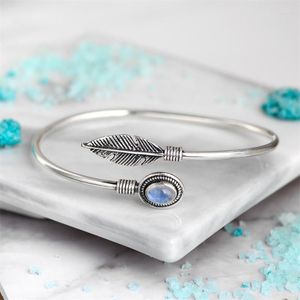 Bangle Vintage Silver Color Natural Stone Feather Simple Personality Open Bracelet For Women Fashion Jewelry Wedding Anniversary Gift