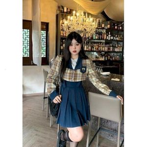 Two Piece Dress Fashion Blazer Skirt Set Women College Style Autumn Slim Plaid Suit Jacket High Waist Pleated Sling Skirts 2 Sets Woman 230222