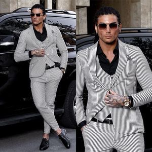Men's Suits Blazers Men Suit TailorMade 3 Pieces Blazer Vest Pants Black And White Pinstripe Business Wedding Formal Causal Prom Daily Tailored 230222