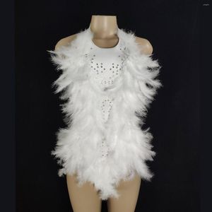 Stage Wear Sexy Suspenders White Feather Dress Colorful Rhinestone Backless Jumpsuit Nightclub Party DJ Performance Costume