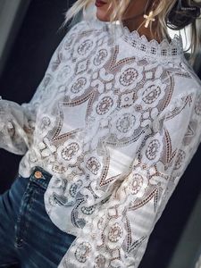 Women's Blouses Fashion White Lace Women Sexy Hollow Long Sleeve Tops See Through Stand Collar Clothes Elegant Female Loose Shirt 24349