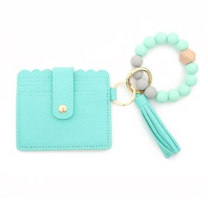 in Stock 13 Colors Fashion PU Leather Bracelet Wallet Keychain Tassels Bangle Key Ring Holder Card Bag Silicone Beaded Wristlet Handbag ID Purse Credit Pocket