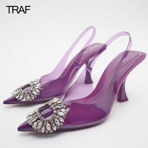 サンダル TRAF 透明ラインストーンハイヒールの女性はグリッタークリアヒールパープル結婚式の靴花嫁の靴女性春夏 2022 J230222
