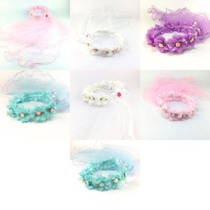 Brudslöjor Girls Mesh Veil Wedding Crown Artificial Candy Color Petals Flower Hairband Wreath Ribbon Bowknot First Communion Headwear W0YA