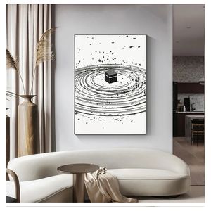 Islamic Wall Art Canvas Painting Muslim Poster Black White Traditional art Picture Home Decor Kabah Illustration Abstract Print Woo