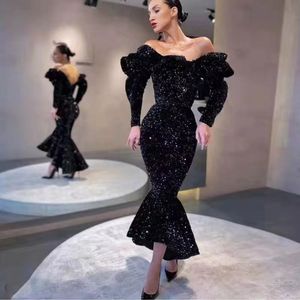 Long Sleeves High Low Prom Dresses For Women Off Shoulder Black Sequined Mermaid Formal Evening Gowns Tea Length Glitter Chic Special Occasion Dress