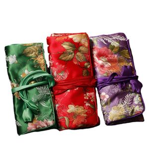 Custom Zip Roll Up Cosmetic Jewelry Storage Bags for Travel Packaging Drawstring Chinese Silk Brocade 3 Zipper Pouches