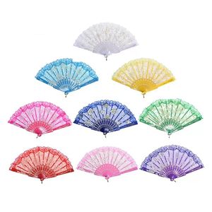 Lace Dance Fan Fashion Gift Rose Flower Design Plastic Frame Bronzing Silk Decoration Chinese Craft Folding Fans Holiday Gifts