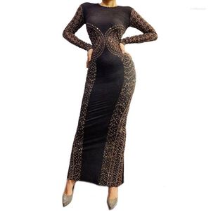 Scen Wear Prom Evening Birthday Firdge Rhinestones Dress O-Neck Black Long Sleeve Stretch Bodycon Party Outfit Costume