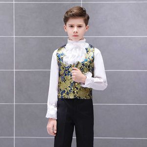 Conjuntos de roupas meninos retro tribunal europeu conjunto criança príncipe encantador drama mostrar vestido terno crianças blazer colete calças colarinho flor outfit