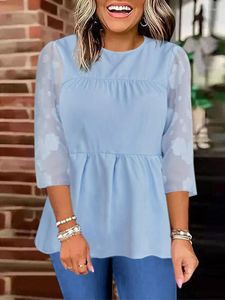 Women's Blouses Elegant 3/4 Sleeve Peplum Top For Women Summer Floral Mesh Three Quarter Chiffon Spring Lounge Tunic Shirts Blue