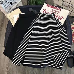 Women's Knits Tees T-shirts Women Long Sleeve Loose Striped Solid Turtleneck Womens T-shirt All-match Simple Leisure Korean Style Trendy Chic Soft 230222