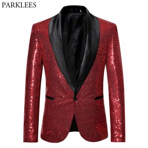Mens Suits Blazers Parlak Kırmızı Pullu Bling Glitter Blazer Ceket Erkekler Şal Yakası Bir Düğme Gece Kulübü Parti DJ Rock and Roll Kostümler 230222