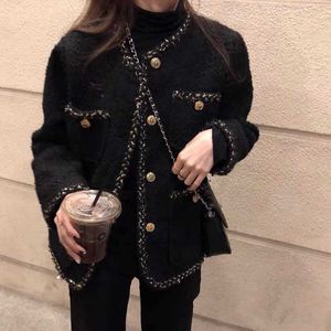 Kvinnor jackor koreanska kvinnliga svart tweed jacka kappa kvinnor ytterkläder rockar kanal stil kostym beskuren stiga kawaii vintage mode 230222