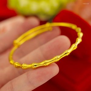 Bangle 24k Yellow Gold Plated Armband för kvinnlig Kvinnlig brud Utsökta bambuformade Handkedjiga bröllop smycken gåvor