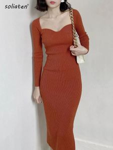 Lässige Kleider, quadratischer Ausschnitt, gerippt, verdickt, warme Strickkleider, Damen, langärmelig, hochelastisch, figurbetontes Kleid, Streetwear, C-121 230222