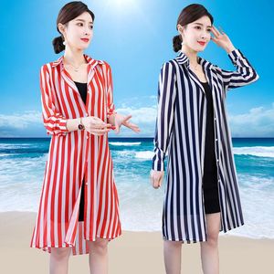 Kvinnorjackor Kvinnor Summer Coat Stripe Print 3/4 Sleeve Casual Loose Long Chiffon Kimono Cardigan Blus Top Sun Protection Clothing J350w