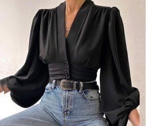 Kadın Ceketleri Kadın Gömlekler 2023 Moda Fener Uzun Kollu Zarif Kısa Bluz Seksi V yaka Tunik Üstler Günlük Vintage Party Blusas