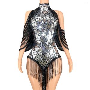 Scen Wear Shining Silver Sequins rygglös av axelklänning Sexig Tassel Leotard Dance Costume Nightclub Outfit Performance