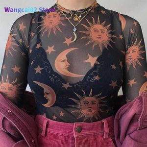 Женская футболка Sun Moon Printed Transparent Mesh Sexy футболка Women o-образная с длинным рукавом Slim Basic Casual Tops 2021 Spring New 022223H