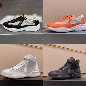 Com box Prad Designer America Cup Men Sneakers Sneakers Lace-up Treinadores de couro patente