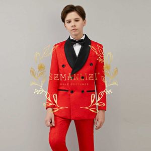 Giyim Setleri Bahar Sonbahar Çocuklar Çift Kelime Kelime Takım Seti Çocuklar Düğün Partisi Performans Geliyor Boys Red Floral Blazer Pantolon 2 PCS Kıyafet