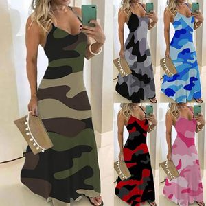 Freizeitkleider Damen Damen Plus Size Camouflage Ärmelloses V-Kragen Langes Kleid Elegant Maxi Slim Sexy Knöchellang