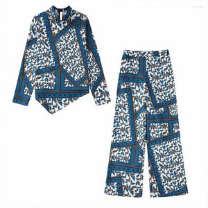 Kvinnors blusar Zaa Summer 2023 Kvinnor Fashion Retro Casual Round Neck Bow Adorn Chic Scarf Pattern Print Droopy Long Sleeve Blue