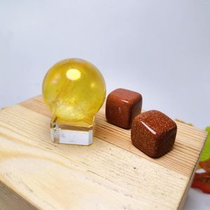 Dekorativa figurer Titan Aura ängel Yellow Crystal Balls med 2st Sandstone Cues Electroplating Sphere Reiki Healing