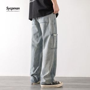 Mäns jeans Loose Street Style Straight Cargo Pants Men mode Märke Wide Leg Overalls Retro Trend Leisure Youth Denim Baggy 230222
