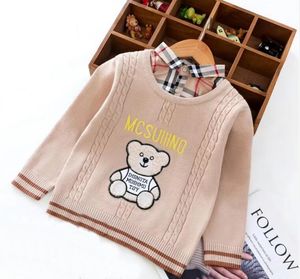 kids designer clothes plaid collar bear pullover baby boy Sweaters knitwear Jumper Fake two pieces children coat