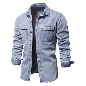 Men's Casual Shirts Spring Autumn High Quality Denim Men Long Sleeve Fit Lapel Personality Pocket Black Blue washed plus size 3XL 230221