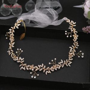 Headpieces TOPQUEEN HP89 Gold Bridal Crown Headband With Ribbon Rhinestone Forehead Golden Wedding Headpiece