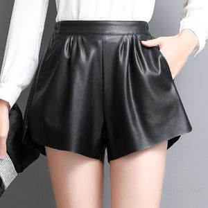 Frauen Shorts 2023 Frühling und Herbst Echtes Leder Damen Elastische Hohe Taille Koreanischen Stil Schwarz Breite Bein Stiefel Hosen