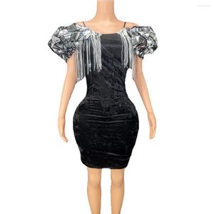 Abbigliamento da palcoscenico paillettes argentate franges bodycon vellvet vestito corto corto sexy sera da balir nightclub Outfit da ballo