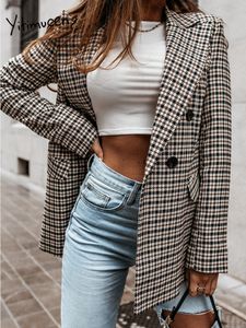 Women's Suits Blazers Yitimuceng Kobieta Garnitur Houndstooth Wiosna z Piersi Dorywczo 2023 230221