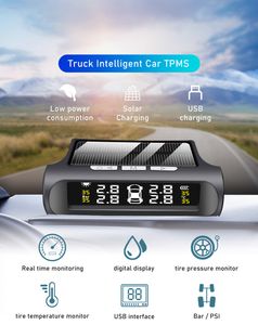 CAR TPMS Sistema de monitoramento de pressão dos pneus Solar Power Solar Digital LCD Display Alarme Pneu Aviso de temperatura de 4 rodas Sensor de pressão das rodas
