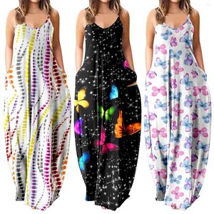 Casual Dresses Vestidos de Verano Mujer 2023 Kvinnor Tryckt V Neck Maxi Spaghetti Strap Dress Sundress Beach Long With Pockets