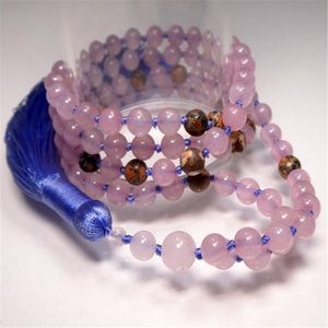 Цепи 6 -мм натуральный розовый кварц 108 бусин для кисточки Ожерелье шикарно элегантное духовность заживание запястья
