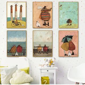 Poster e dipinti Immagini Soggiorno Decorazioni per la casa Vintage Nordic Paesaggio astratto Love Dogs Pet Canvas Wall Art Dipinti Woo