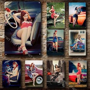 Vintage Car Garota Sexy Metal Metal Pin Up Girls Metal Metal Retro Beauty Mulher Lady Poster Tin Plate Painting Store Pub Man Cave Decoração de parede Tamanho 30x20cm W01