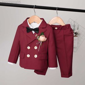 Kläder sätter barns formella vinröd kostym Set Autumn Winter British Boys Jacket Pants Vest Outfit Kids Baby's First Birthday Party Dress W0222