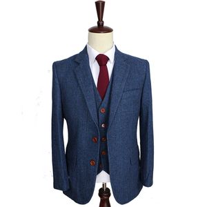 Herrenanzüge Blazer Wolle Blau Herringbone Retro Gentleman-Stil maßgeschneiderte Anzüge Schneideranzug Blazer für Männer 3-teilig Jacke Hose Weste 230222