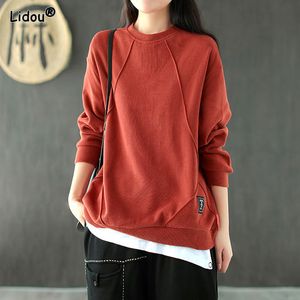 Women's Hoodies Sweatshirts Solid Preppy Style Loose Thick Pullover Sweatshirts Cotton O-Neck Autumn Winter Women's Clothing National Style Patch Designs 230222