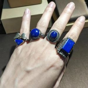Küme halkaları 1pcs/lot doğal değerli taş lapis lazuli ring vintage tasarımcı kişilik bayanlar aksesuarları şık tasarım S925 gümüş taki