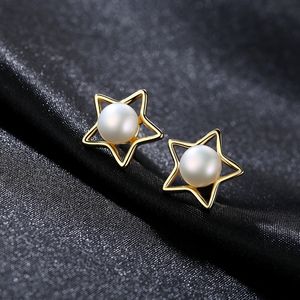 Koreańskie 18-karatowe złote gwiazdy słodkowodne kolczyki z perłami Modne urocze kobiety wysokiej jakości kolczyki luksusowe akcesoria biżuterii