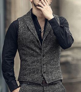 Men's Vests Classic Suit Vest Herringbone Pattern Business Waistcoat Notch Lapel Wool Tweed Groomsmen For Wedding 230222