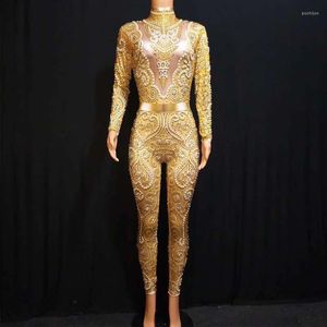 Stage Wear Sparkly Rhinestones Pearls Jumpsuit Jaze Dance Costume Sexy Nude Stretch Beading Bodysuit Birthday Party Outfit