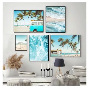 Paintings Modern Prints Sea Beach Bus Palm Tree Wall Art Canvas Painting Nordic Decoration Picture Scandinavian Tropical Landscape Poster Woo