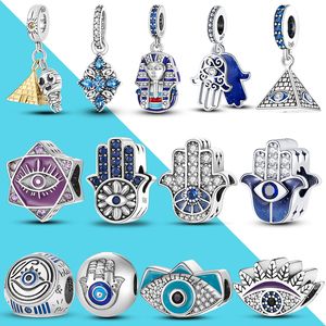 925 Pounds Silver New Fashion Charm Egyptian Pyramid Blue Amulet, 925 Protective Silver Amulet, Fatima Beads, Suitable for DIY Chain Bracelet